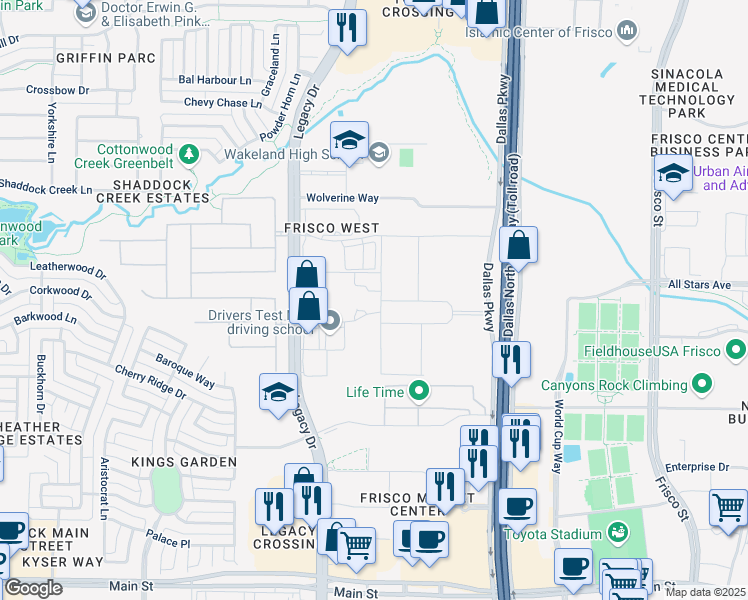 map of restaurants, bars, coffee shops, grocery stores, and more near 4645 Wyndham Lane in Frisco