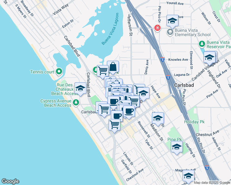 map of restaurants, bars, coffee shops, grocery stores, and more near 2675 Roosevelt Street in Carlsbad