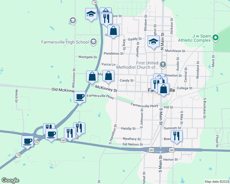 map of restaurants, bars, coffee shops, grocery stores, and more near 512 McKinney Street in Farmersville