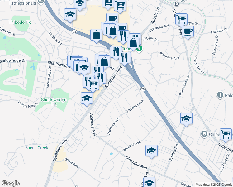map of restaurants, bars, coffee shops, grocery stores, and more near 718 Sycamore Avenue in Vista