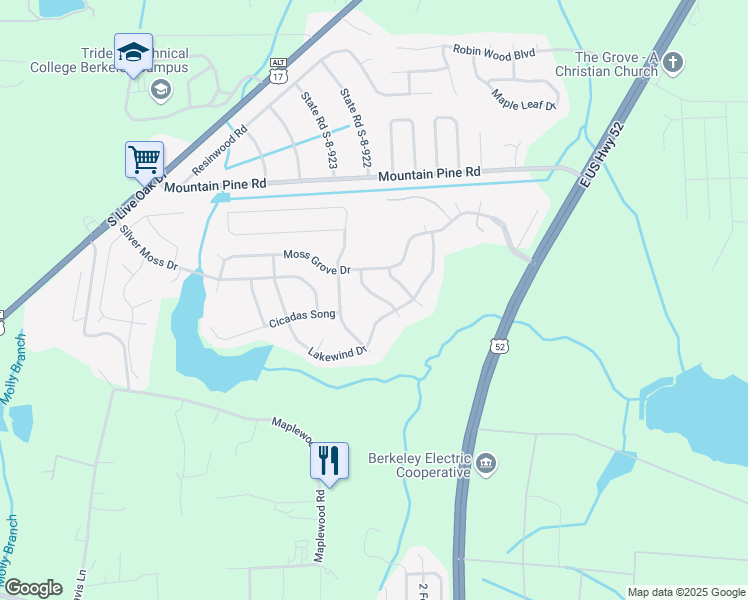 map of restaurants, bars, coffee shops, grocery stores, and more near 513 Evening Shade Drive in Moncks Corner