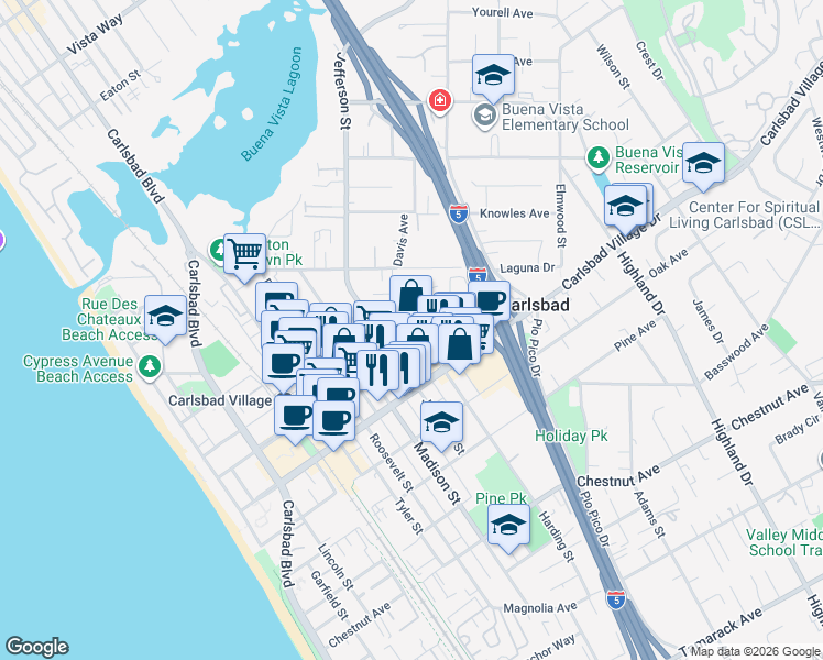 map of restaurants, bars, coffee shops, grocery stores, and more near 800 Grand Avenue in Carlsbad