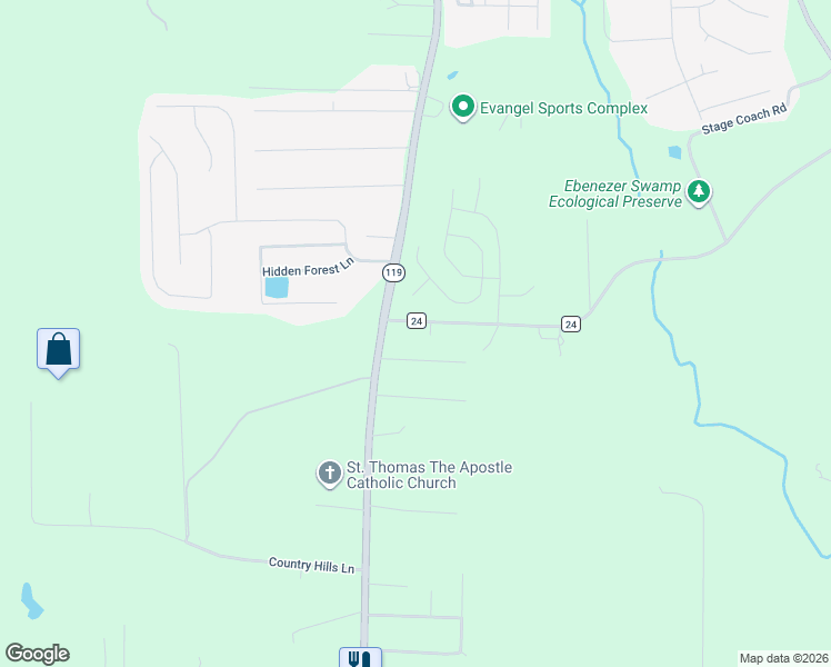 map of restaurants, bars, coffee shops, grocery stores, and more near 10 Southern Magnolia Lane in Montevallo