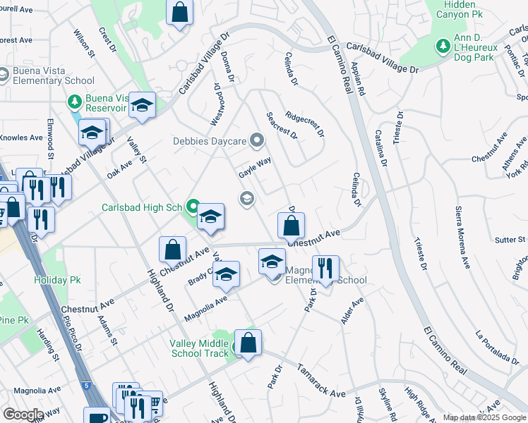 map of restaurants, bars, coffee shops, grocery stores, and more near 2012 Lee Court in Carlsbad
