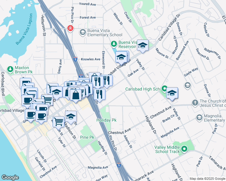 map of restaurants, bars, coffee shops, grocery stores, and more near 1272 Oak Avenue in Carlsbad