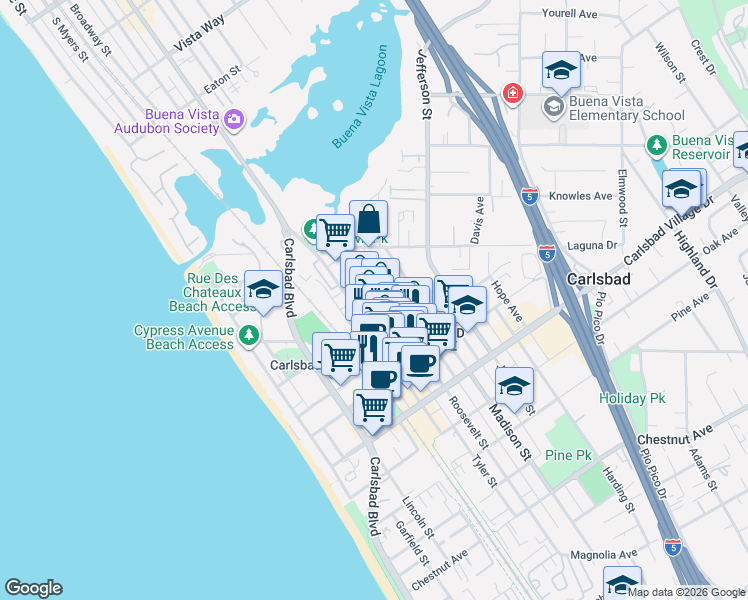 map of restaurants, bars, coffee shops, grocery stores, and more near 2653 Roosevelt Street in Carlsbad