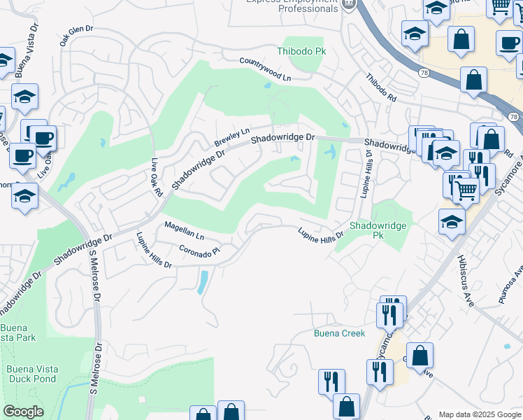 map of restaurants, bars, coffee shops, grocery stores, and more near 2436 Links Way in Vista
