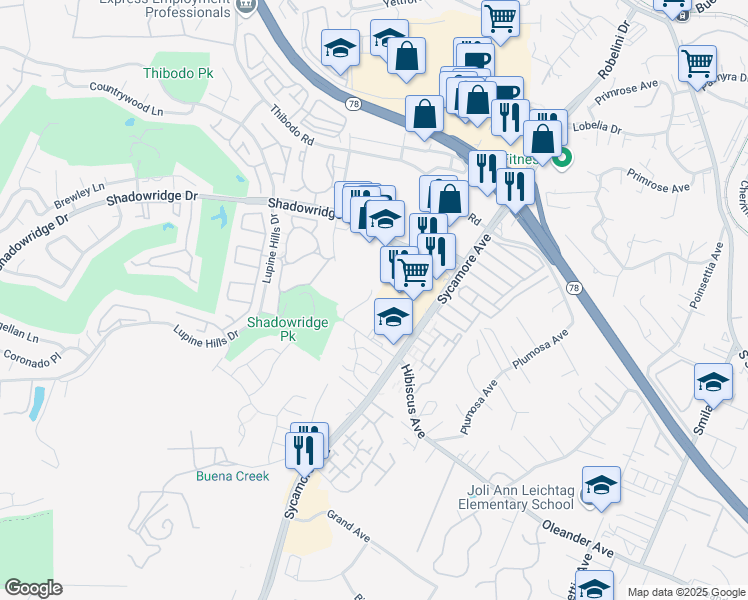 map of restaurants, bars, coffee shops, grocery stores, and more near 780 Arbor Glen Lane in Vista
