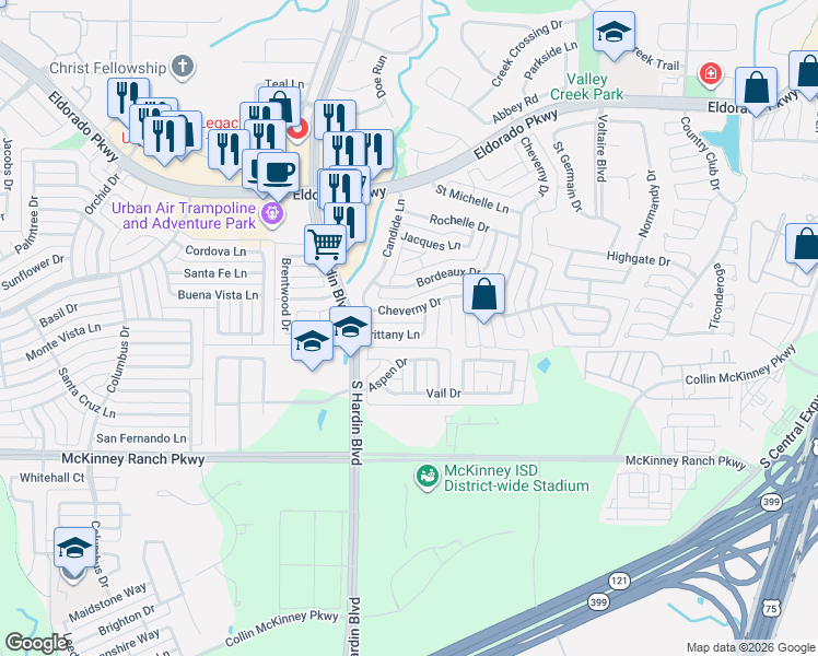 map of restaurants, bars, coffee shops, grocery stores, and more near 2909 Cheverny Drive in McKinney