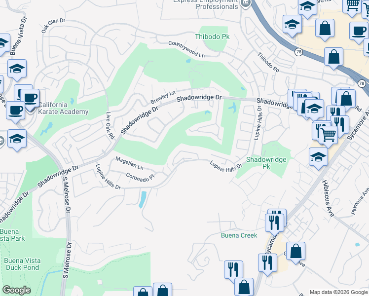 map of restaurants, bars, coffee shops, grocery stores, and more near 2436 Links Way in Vista
