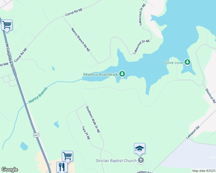 map of restaurants, bars, coffee shops, grocery stores, and more near 309 West Lakeview Drive in Milledgeville