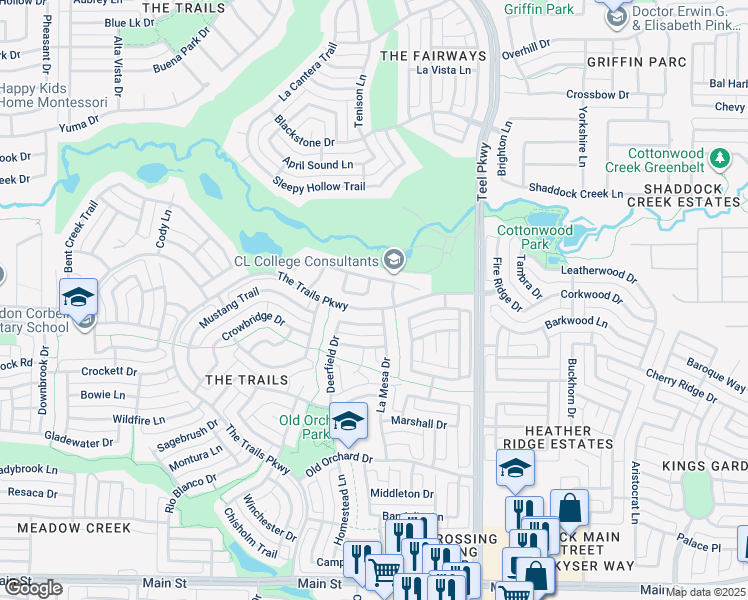 map of restaurants, bars, coffee shops, grocery stores, and more near 10210 El Paso Lane in Frisco