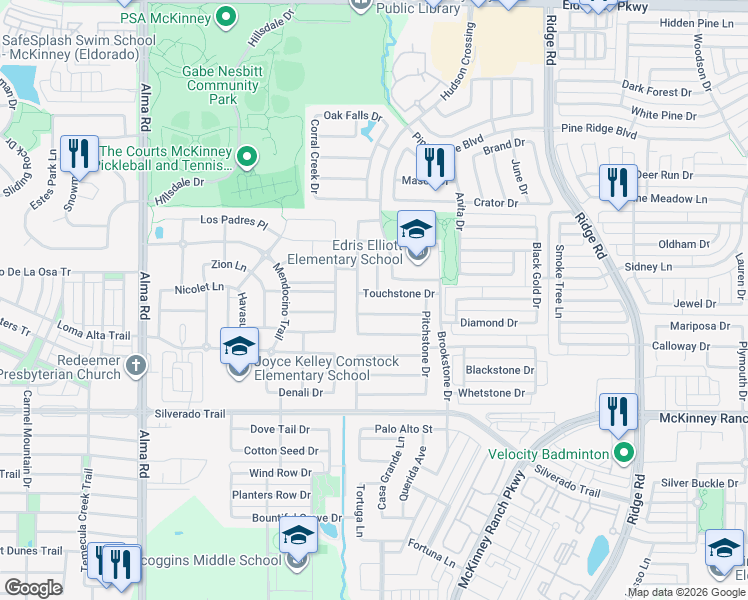 map of restaurants, bars, coffee shops, grocery stores, and more near 5729 Touchstone Drive in McKinney