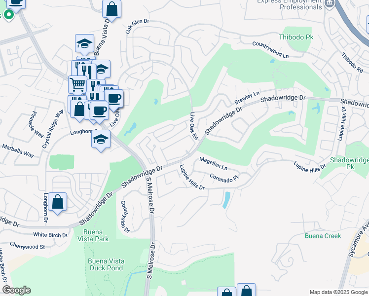map of restaurants, bars, coffee shops, grocery stores, and more near 1500 Shadowridge Drive in Vista