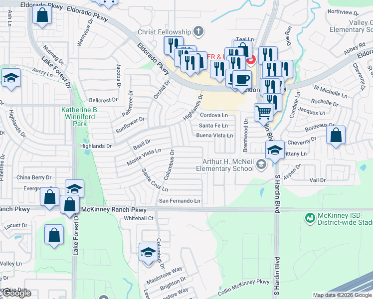 map of restaurants, bars, coffee shops, grocery stores, and more near 4413 Monte Vista Lane in McKinney