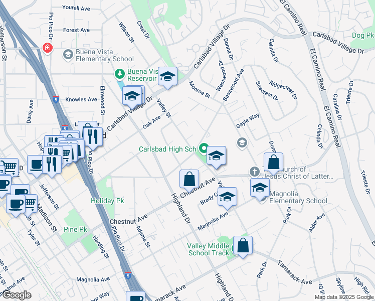 map of restaurants, bars, coffee shops, grocery stores, and more near 3335 Valley Street in Carlsbad