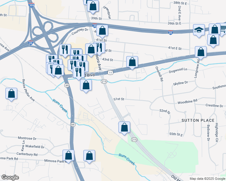 map of restaurants, bars, coffee shops, grocery stores, and more near 5001 Old Montgomery Hwy in Tuscaloosa