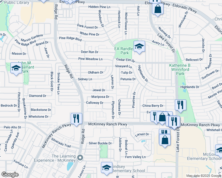 map of restaurants, bars, coffee shops, grocery stores, and more near 3708 Lauren Drive in McKinney