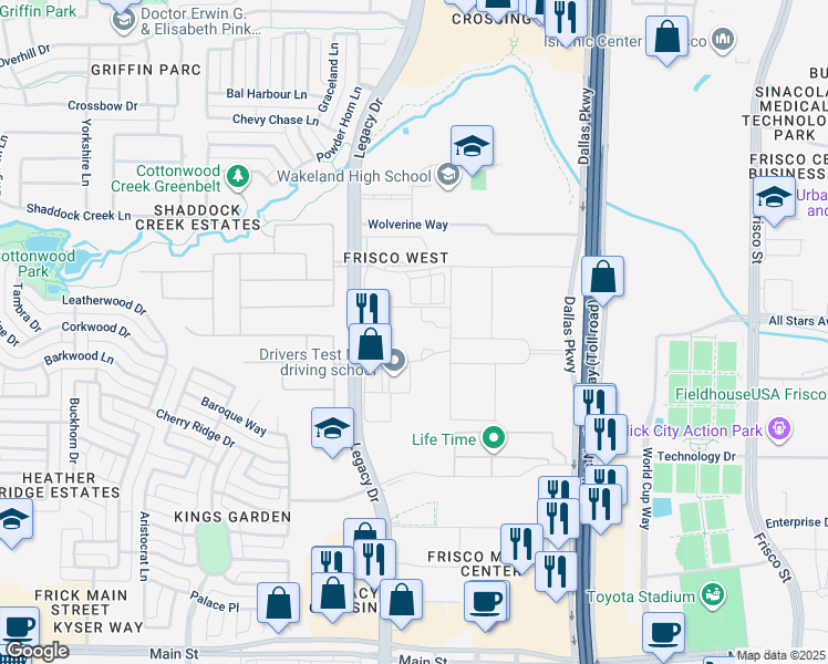 map of restaurants, bars, coffee shops, grocery stores, and more near 10310 Legacy Drive in Frisco