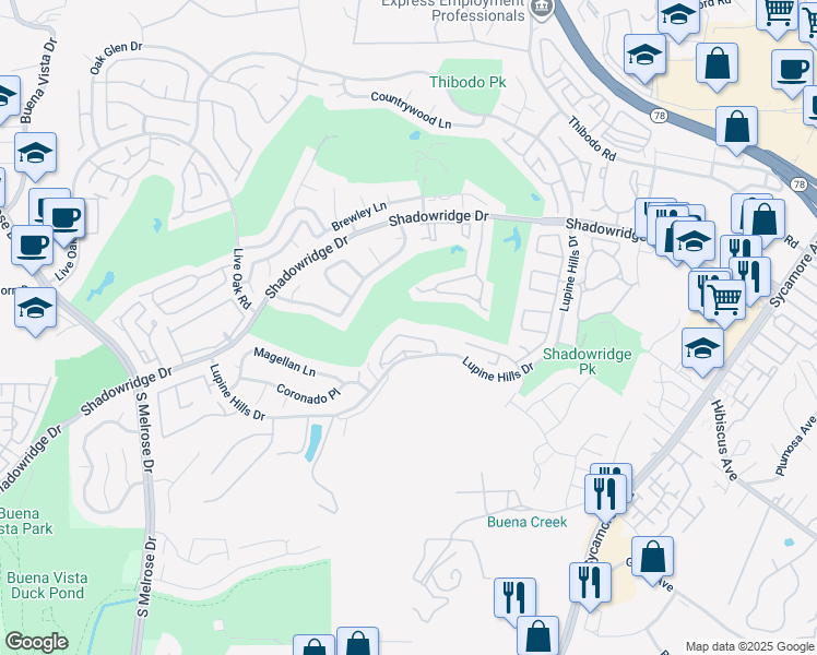 map of restaurants, bars, coffee shops, grocery stores, and more near 2436 Links Way in Vista