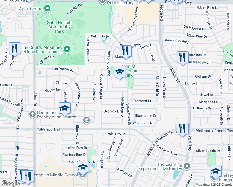 map of restaurants, bars, coffee shops, grocery stores, and more near 5717 Touchstone Drive in McKinney