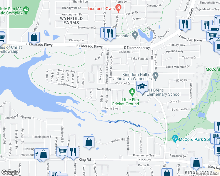 map of restaurants, bars, coffee shops, grocery stores, and more near 25 North Boulevard in Little Elm