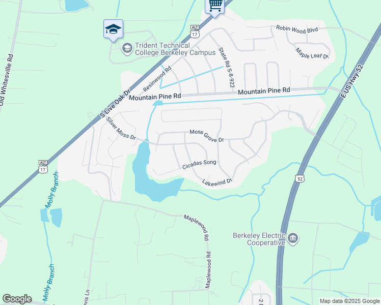 map of restaurants, bars, coffee shops, grocery stores, and more near 401 Lakewind Drive in Moncks Corner