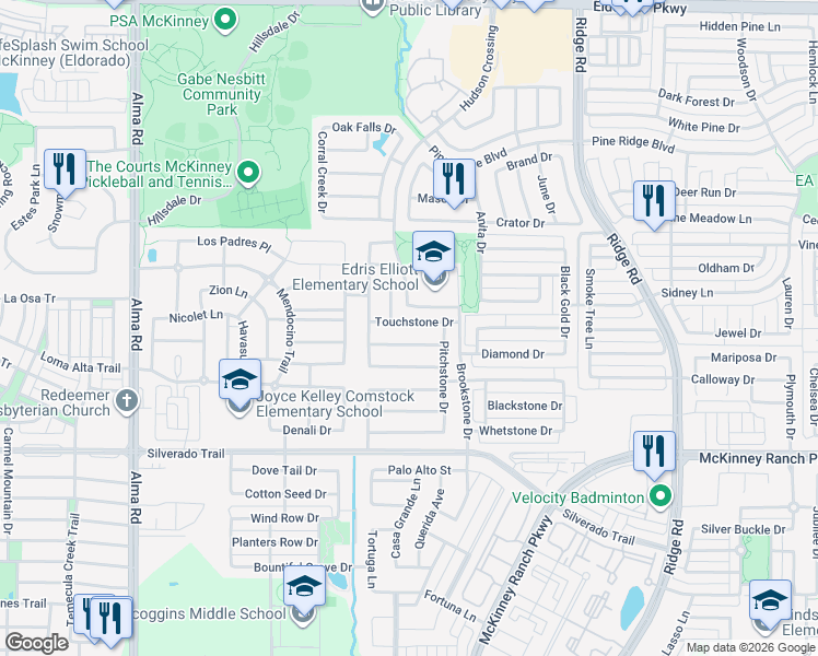 map of restaurants, bars, coffee shops, grocery stores, and more near 5729 Touchstone Drive in McKinney