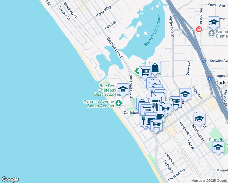 map of restaurants, bars, coffee shops, grocery stores, and more near 2465 Garfield Street in Carlsbad