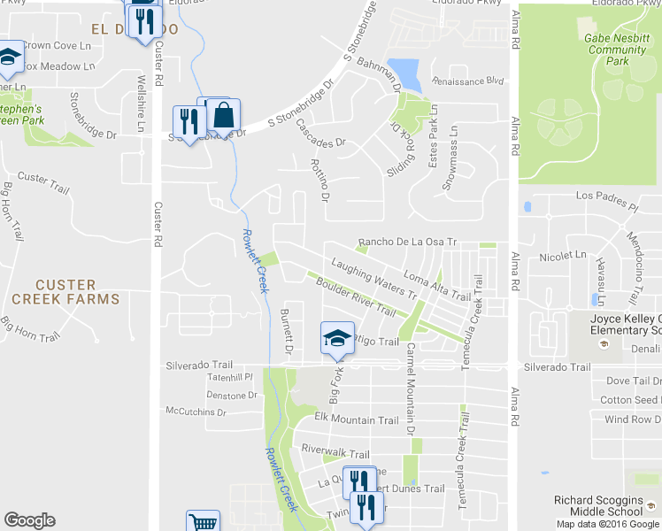 map of restaurants, bars, coffee shops, grocery stores, and more near 8413 Laughing Waters Trail in McKinney