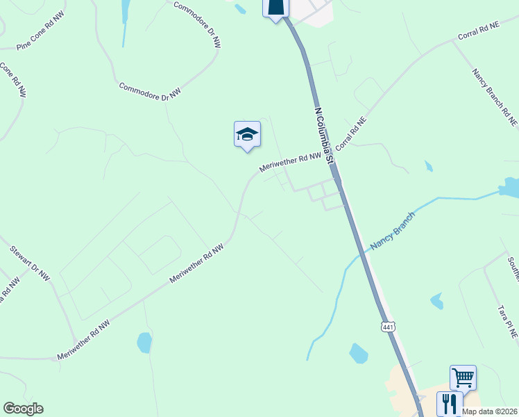 map of restaurants, bars, coffee shops, grocery stores, and more near 146 Cypress Oak Trail Northwest in Milledgeville