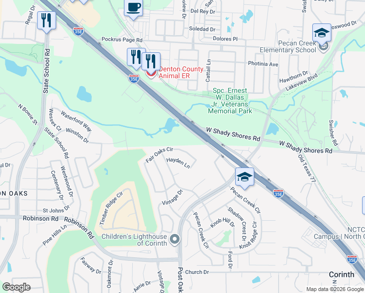 map of restaurants, bars, coffee shops, grocery stores, and more near 2009 Fair Oaks Circle in Corinth