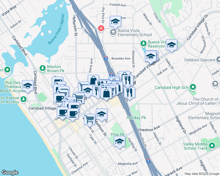 map of restaurants, bars, coffee shops, grocery stores, and more near 1040 Carlsbad Village Drive in Carlsbad