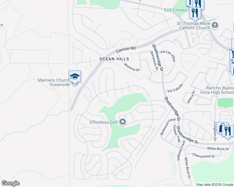 map of restaurants, bars, coffee shops, grocery stores, and more near 4710 Cordoba Way in Oceanside