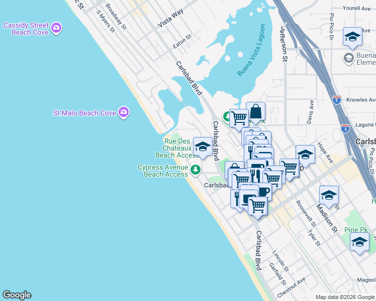 map of restaurants, bars, coffee shops, grocery stores, and more near 2465 Garfield Street in Carlsbad