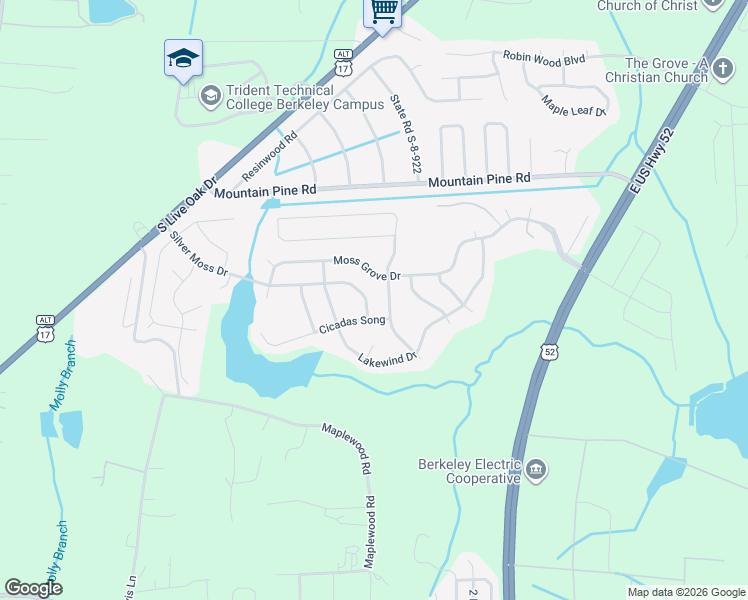 map of restaurants, bars, coffee shops, grocery stores, and more near 606 Silver Moss Drive in Moncks Corner