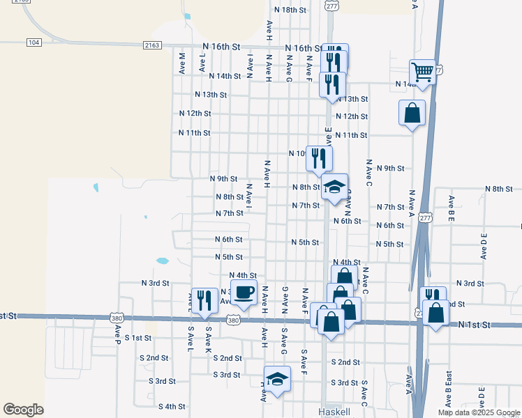 map of restaurants, bars, coffee shops, grocery stores, and more near 701 North Avenue H in Haskell