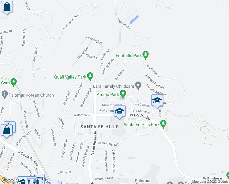 map of restaurants, bars, coffee shops, grocery stores, and more near 753 Via Bahia in San Marcos