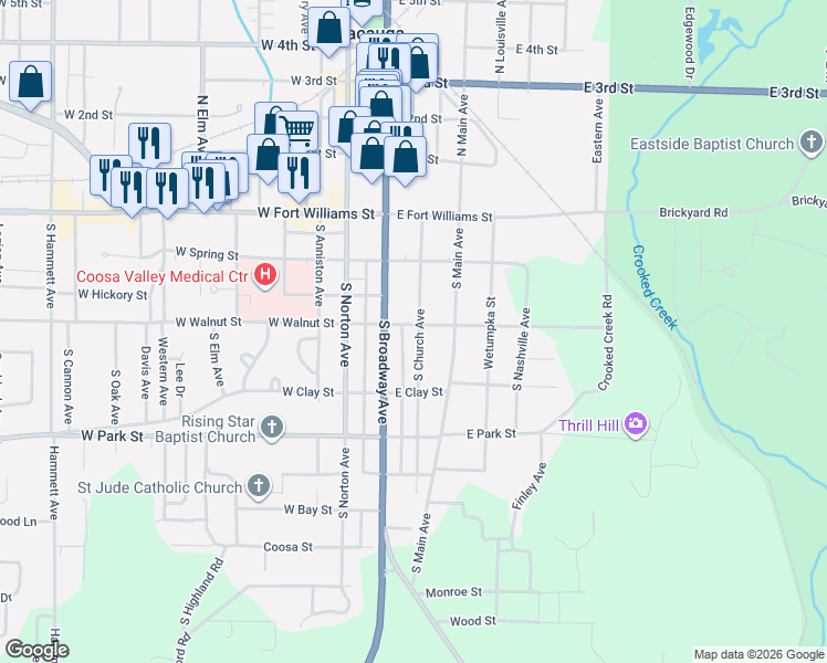 map of restaurants, bars, coffee shops, grocery stores, and more near 9 East Walnut Street in Sylacauga