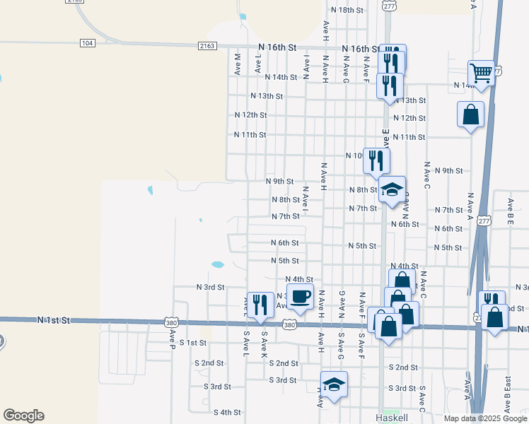 map of restaurants, bars, coffee shops, grocery stores, and more near 701 North Avenue K in Haskell