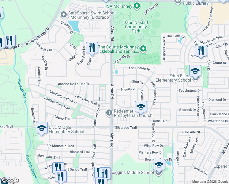 map of restaurants, bars, coffee shops, grocery stores, and more near 3508 Biscayne Drive in McKinney
