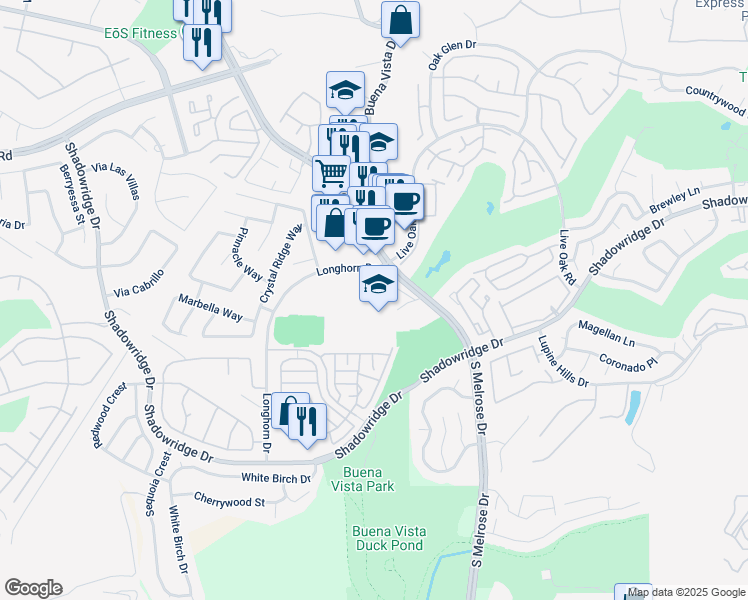 map of restaurants, bars, coffee shops, grocery stores, and more near 1601 Longhorn Drive in Vista