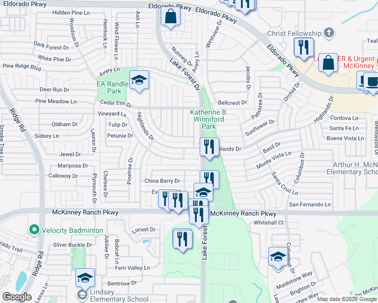 map of restaurants, bars, coffee shops, grocery stores, and more near 5017 Highlands Drive in McKinney