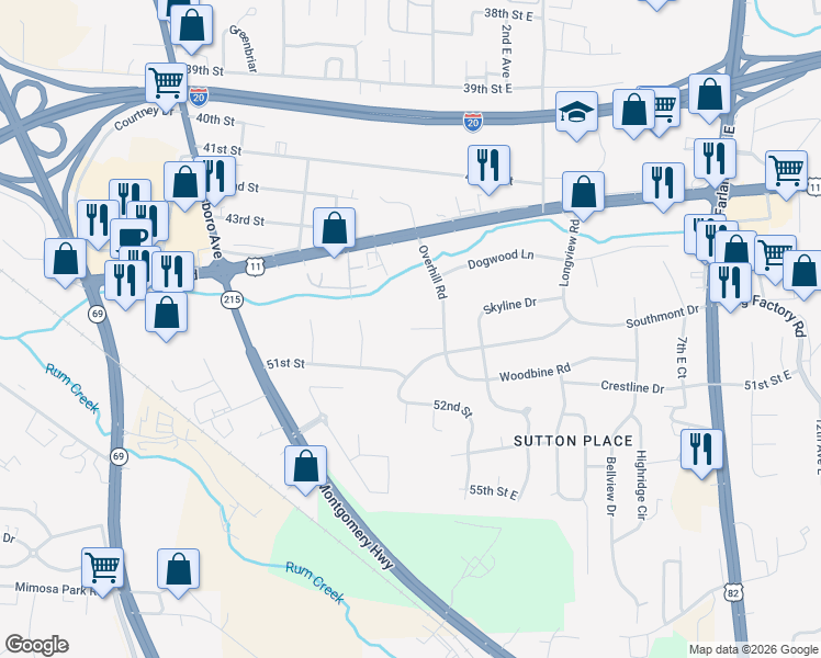 map of restaurants, bars, coffee shops, grocery stores, and more near 11 Valleyview Circle in Tuscaloosa