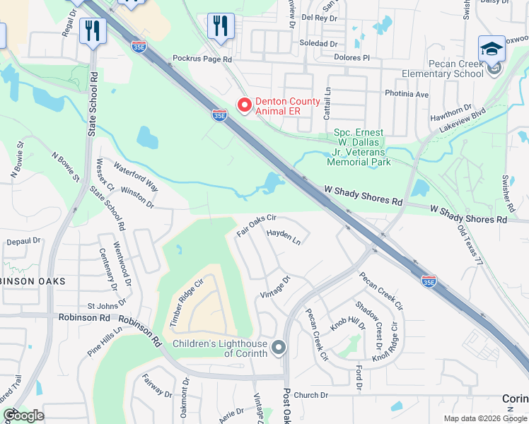 map of restaurants, bars, coffee shops, grocery stores, and more near 2023 Fair Oaks Circle in Corinth