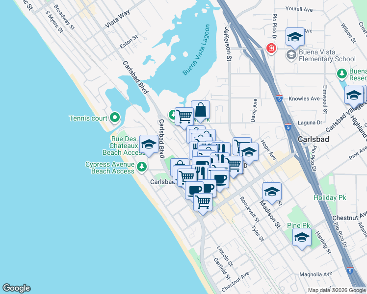 map of restaurants, bars, coffee shops, grocery stores, and more near 2615 State Street in Carlsbad