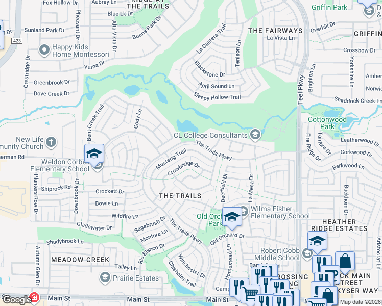 map of restaurants, bars, coffee shops, grocery stores, and more near 2107 Mustang Trail in Frisco
