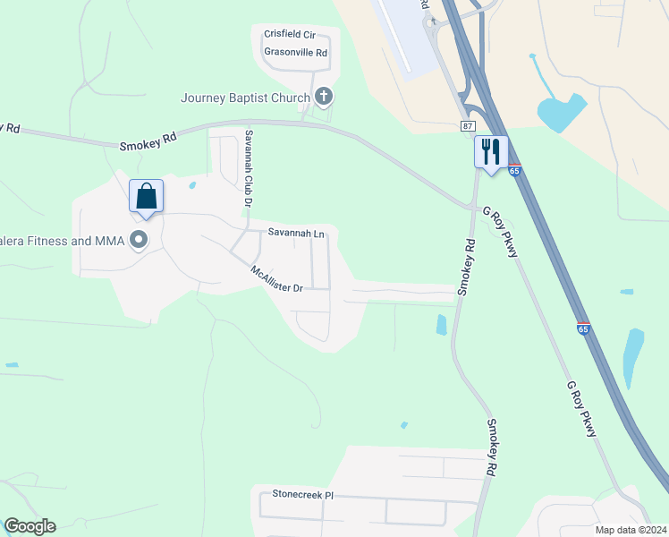 map of restaurants, bars, coffee shops, grocery stores, and more near 959 Savannah Lane in Calera