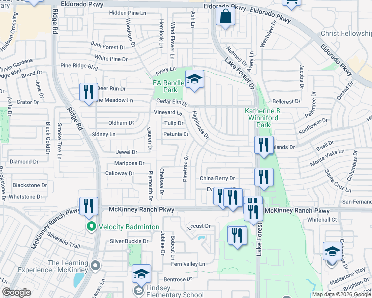 map of restaurants, bars, coffee shops, grocery stores, and more near 3712 Pinetree Drive in McKinney