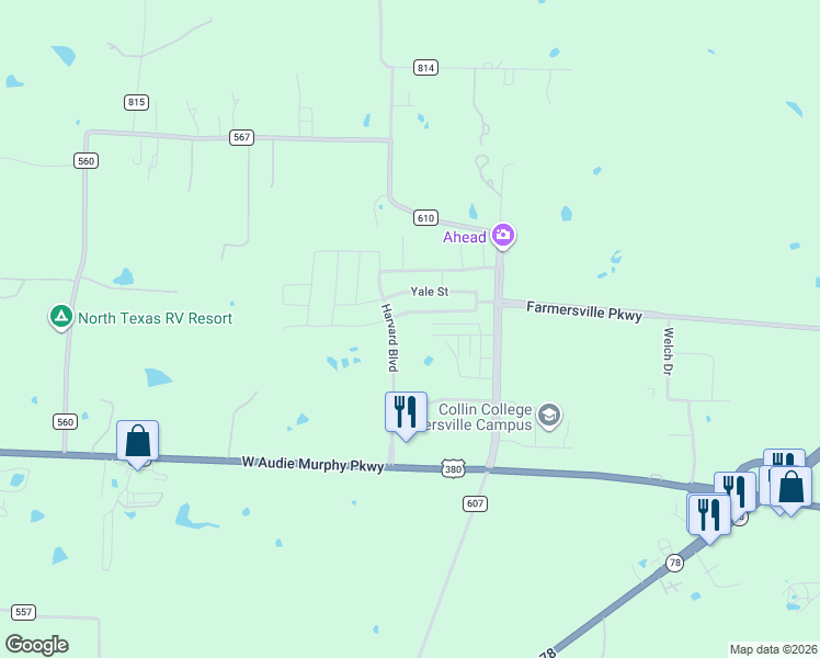 map of restaurants, bars, coffee shops, grocery stores, and more near 1809 Princeton Avenue in Farmersville
